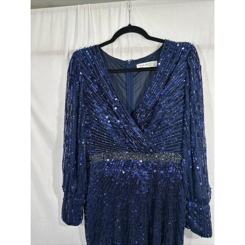 NWT $598 Mac Duggal [ 12 ]‎ 5501 Sequined Wrap Over Bishop Sleeve Gown Blue - Picture 11 of 16